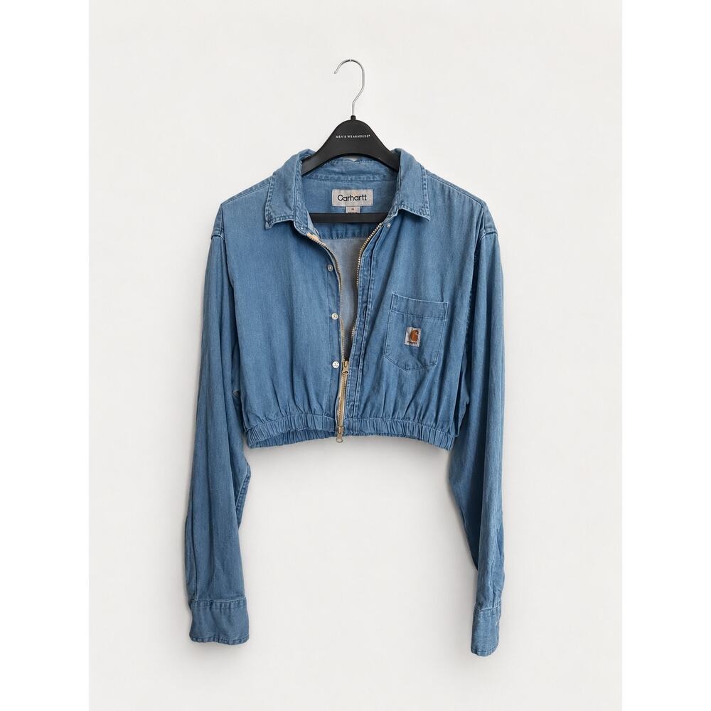 Vintage Carhartt Upcycled Reworked Cropped Chambray Jacket Shirt Size L Y2K - Picture 3 of 14